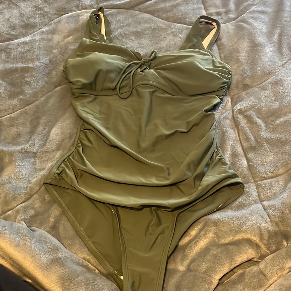 Green, one piece swimsuit
